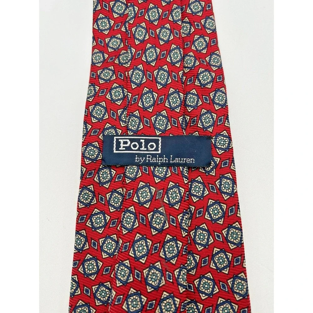 Vintage Polo Ralph Lauren Silk Tie Geometric Foulard Cube‎ Pattern Red/Blue